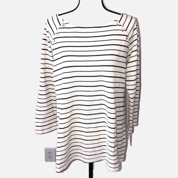 Charter Club Woman Knit Top 1X Black Cream Brass Detail 3/4 Sleeves Textured NWT - Picture 1 of 12